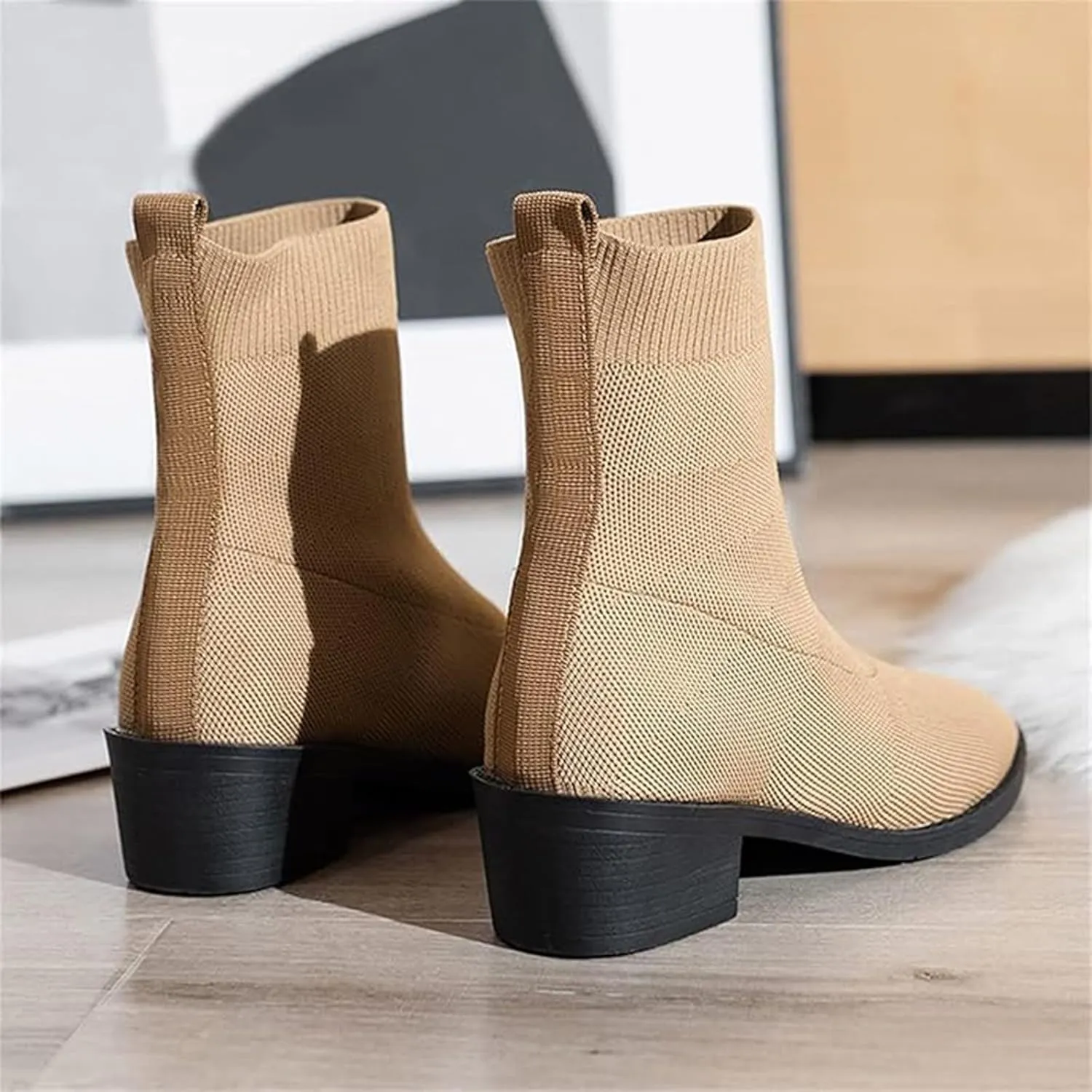 Womens Short Boots Women's Pointed Toe Sock Ankle Boots Stiletto Low Heels Booties Breathable Stretch Knit Shoes