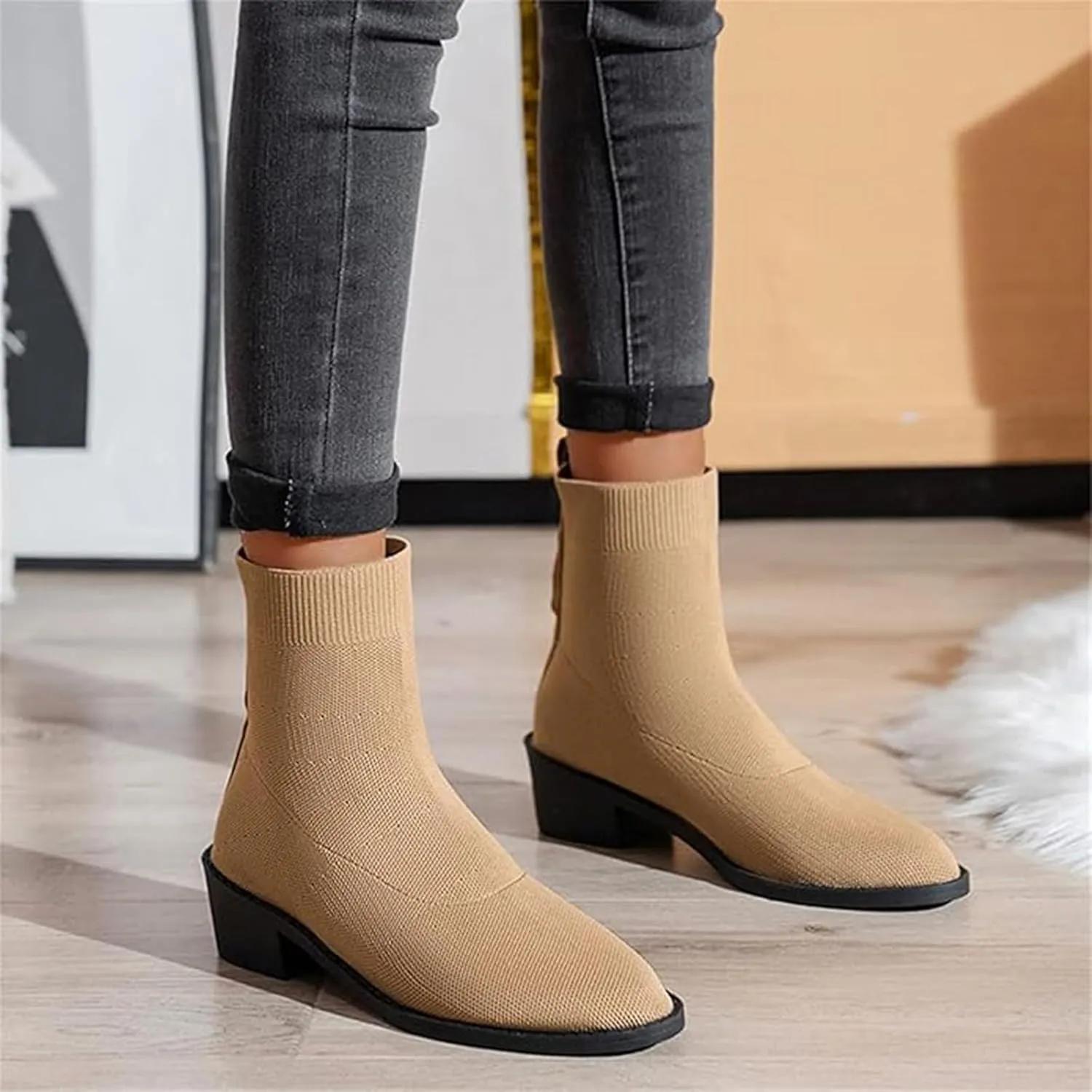 Womens Short Boots Women's Pointed Toe Sock Ankle Boots Stiletto Low Heels Booties Breathable Stretch Knit Shoes