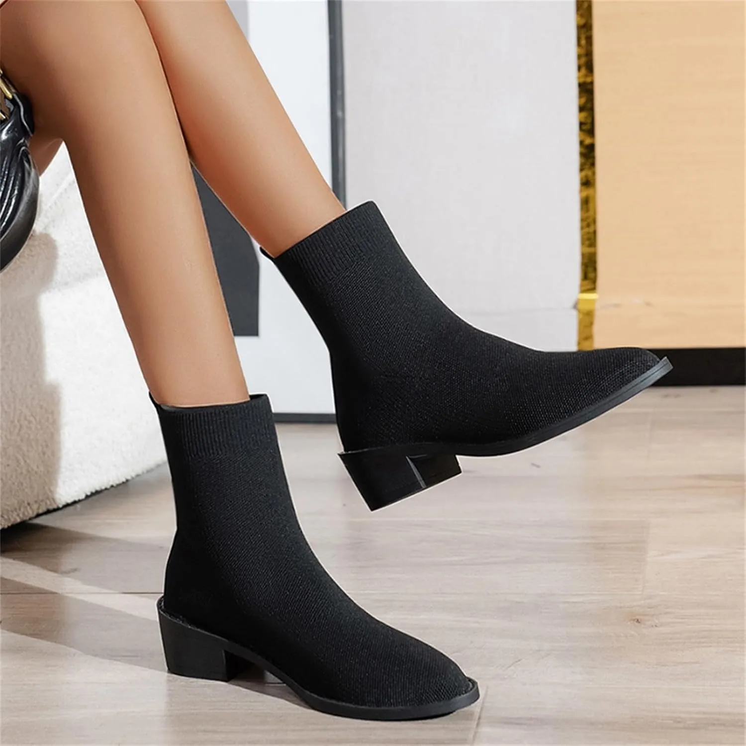 Womens Short Boots Women's Pointed Toe Sock Ankle Boots Stiletto Low Heels Booties Breathable Stretch Knit Shoes