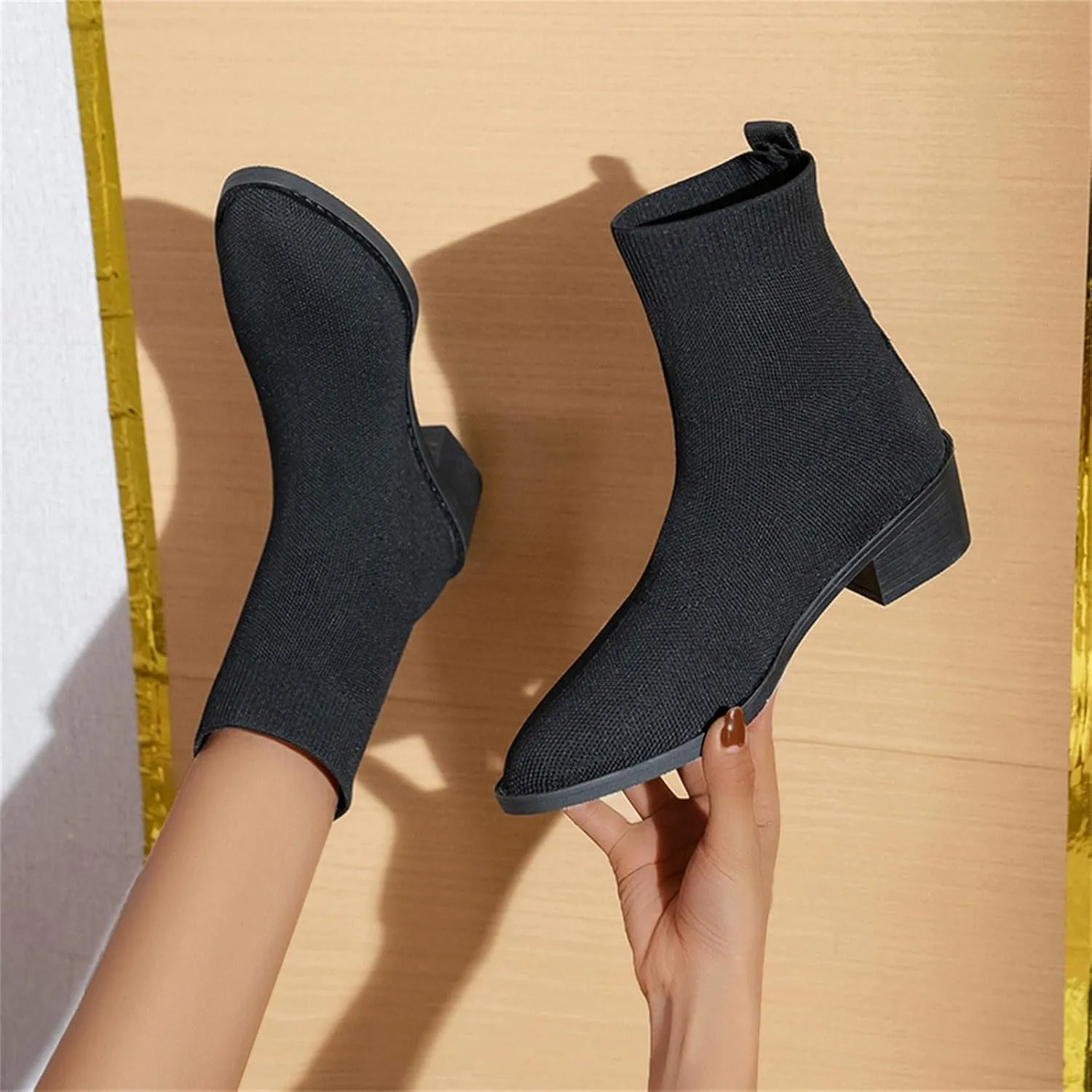 Womens Short Boots Women's Pointed Toe Sock Ankle Boots Stiletto Low Heels Booties Breathable Stretch Knit Shoes