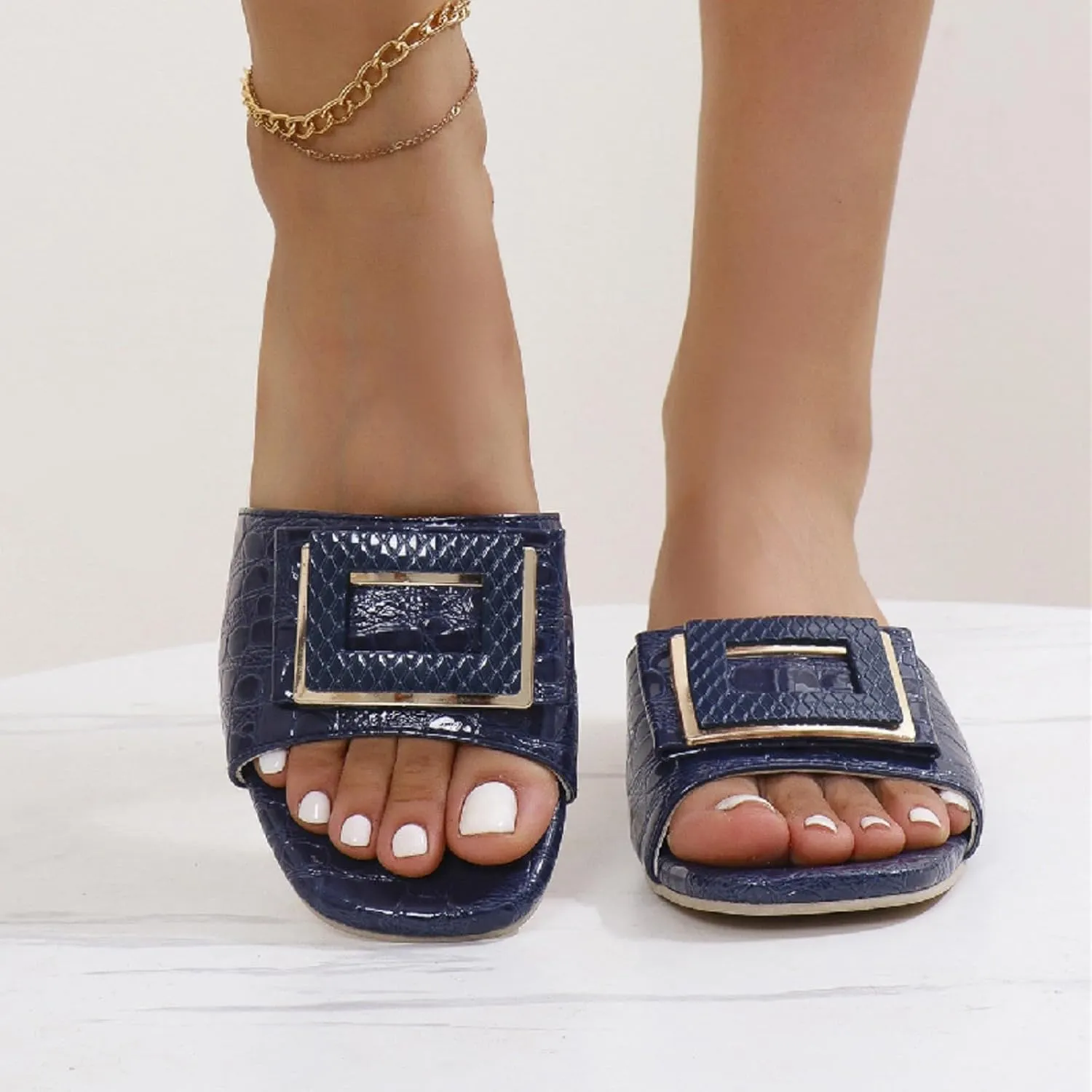 Women's Slide Heeled Sandals Opened Round Toe Chunky Block Heel Slippers with Buckle Slip on Casual Comfortable Pumps