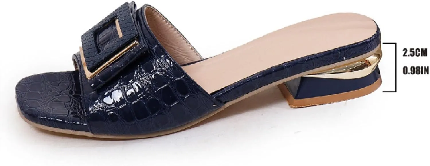Women's Slide Heeled Sandals Opened Round Toe Chunky Block Heel Slippers with Buckle Slip on Casual Comfortable Pumps