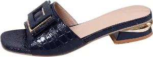 Women's Slide Heeled Sandals Opened Round Toe Chunky Block Heel Slippers with Buckle Slip on Casual Comfortable Pumps