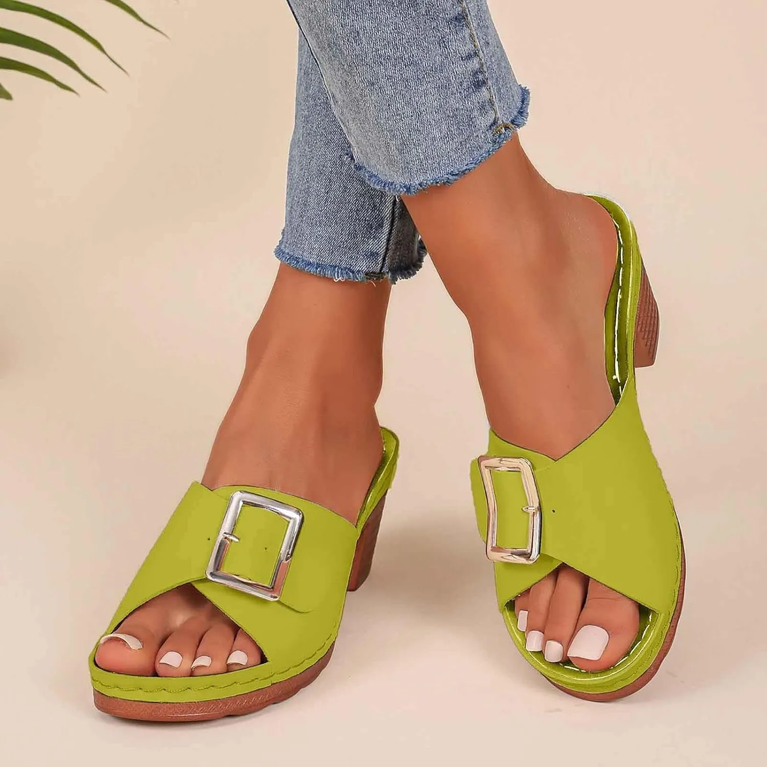 Women's Slide Heeled Sandals Opened Square Toe Chunky Block Heel Slippers with Buckle Slip on Long Womens Slippers