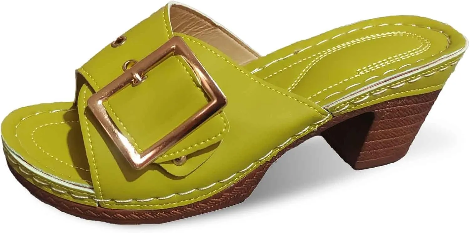 Women's Slide Heeled Sandals Opened Square Toe Chunky Block Heel Slippers with Buckle Slip on Long Womens Slippers