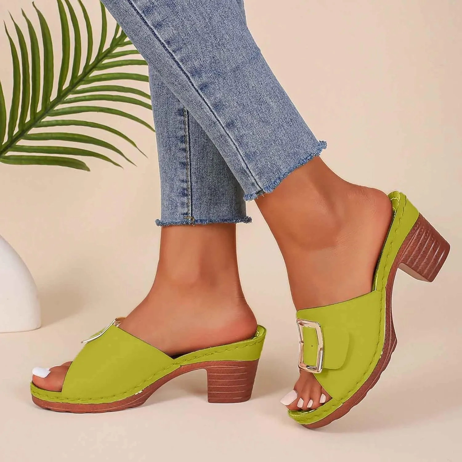 Women's Slide Heeled Sandals Opened Square Toe Chunky Block Heel Slippers with Buckle Slip on Long Womens Slippers