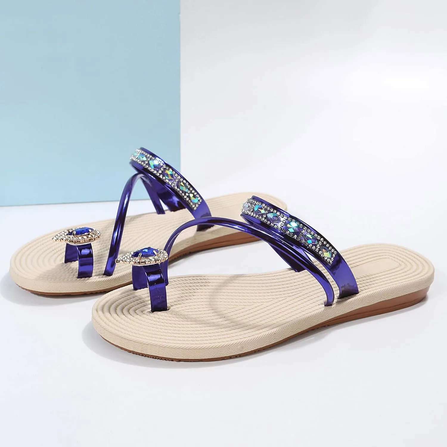 Women's Slide Sandals Ladies Fashion Summer Solid Color Leather Rhinestone Toe Straw Woven Flat Slippers