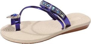 Women's Slide Sandals Ladies Fashion Summer Solid Color Leather Rhinestone Toe Straw Woven Flat Slippers