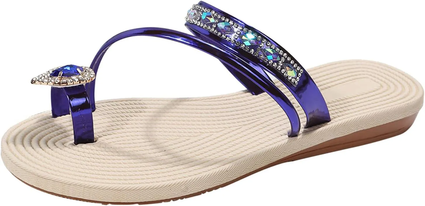 Women's Slide Sandals Ladies Fashion Summer Solid Color Leather Rhinestone Toe Straw Woven Flat Slippers