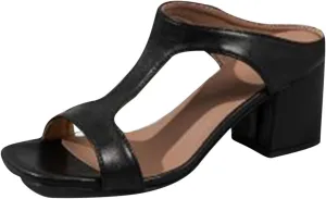 Women's Square Open Toe Heels Sandals Low Block Chunky Heeled Sandals Slide Slip on Comfortable Casual Pumps Shoes