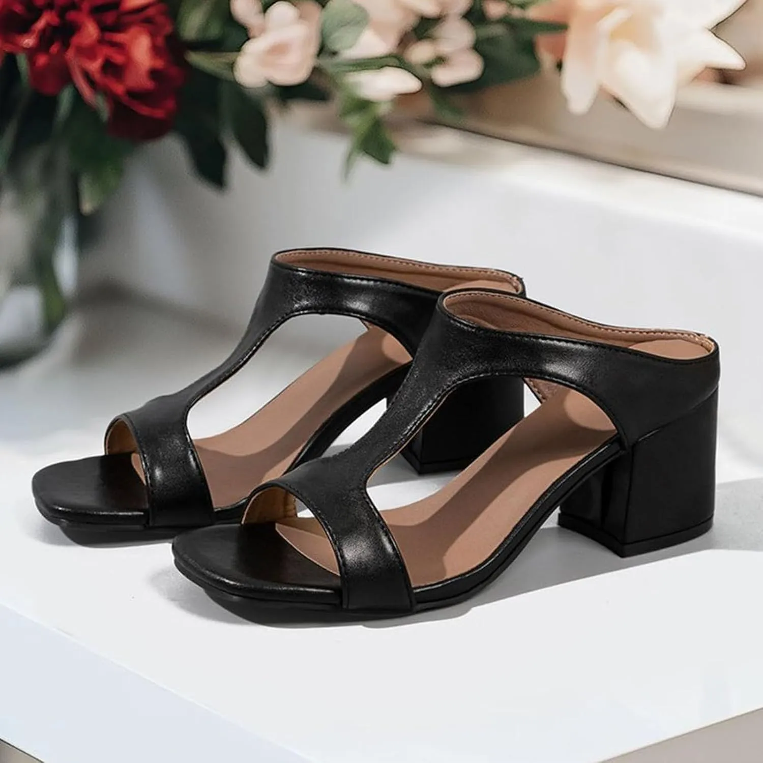 Women's Square Open Toe Heels Sandals Low Block Chunky Heeled Sandals Slide Slip on Comfortable Casual Pumps Shoes