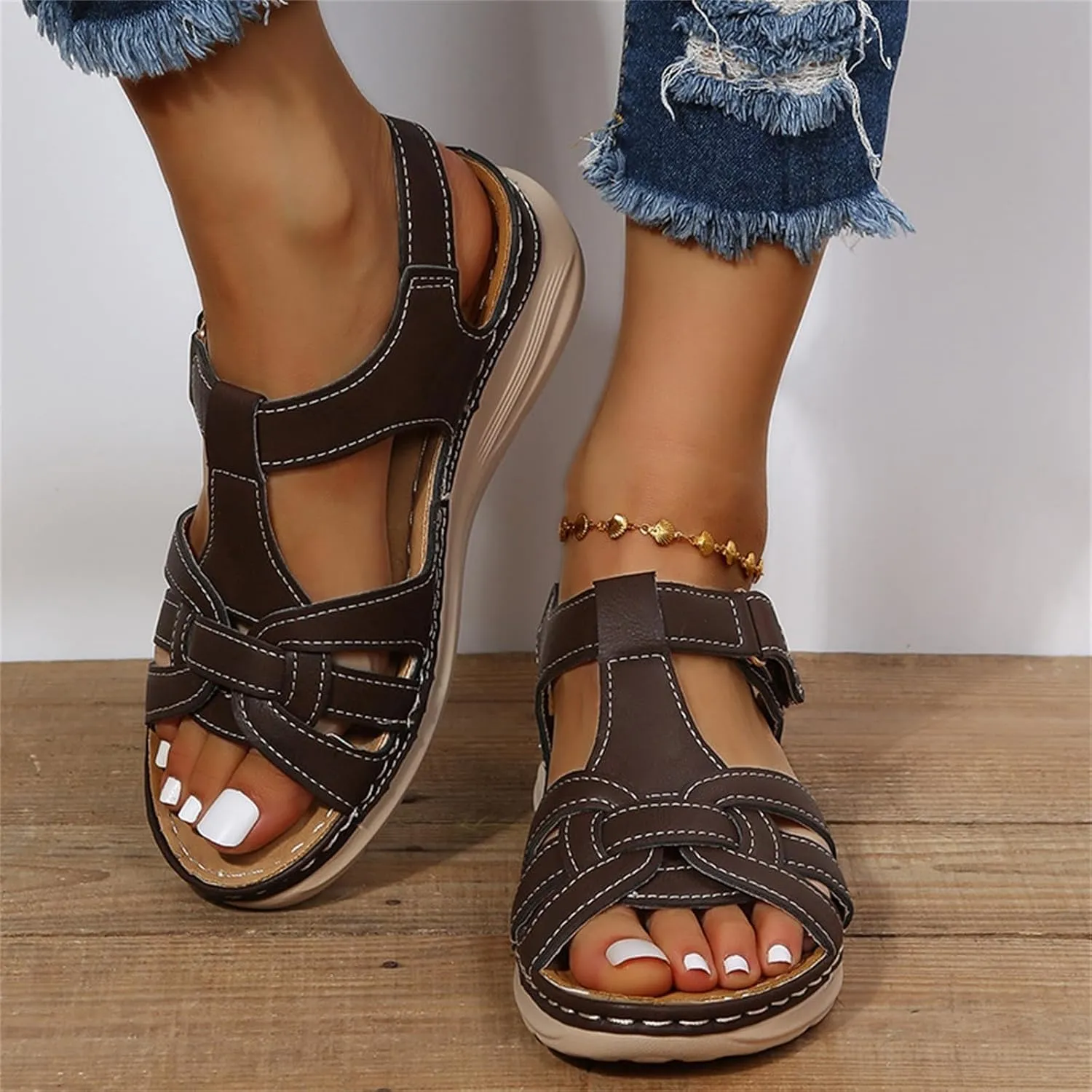 Womens Summer Sandals Casual Bohemia Gladiator Closed Toe Slip On Wedge Shoes Comfort Ankle Strap Platform Sandals