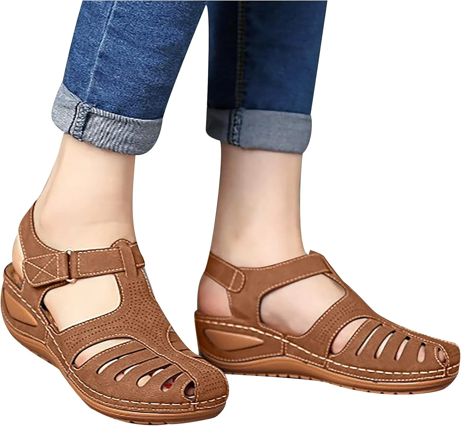Womens Summer Sandals Casual Bohemia Gladiator Closed Toe Wedge Shoes Comfort Ankle Strap Slip On Platform Sandals