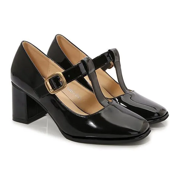 Women's T-Strap Retro Square Toe Block Heels Mary Jane 54018643S