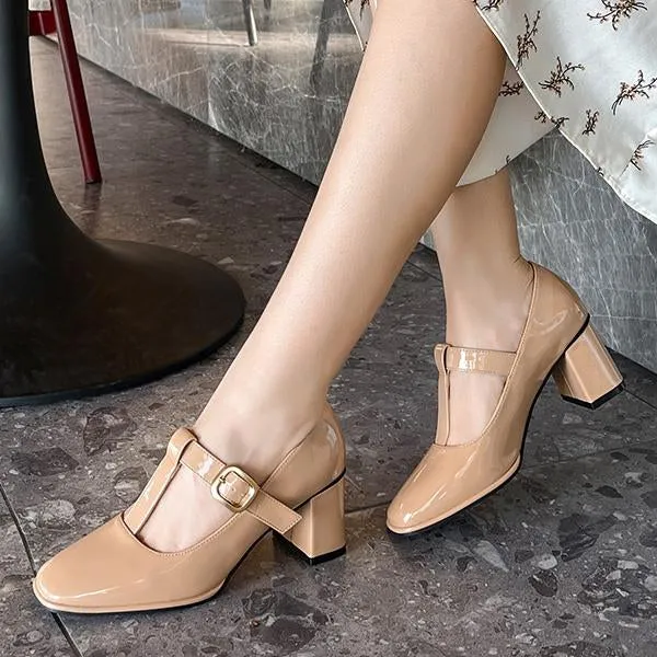 Women's T-Strap Retro Square Toe Block Heels Mary Jane 54018643S