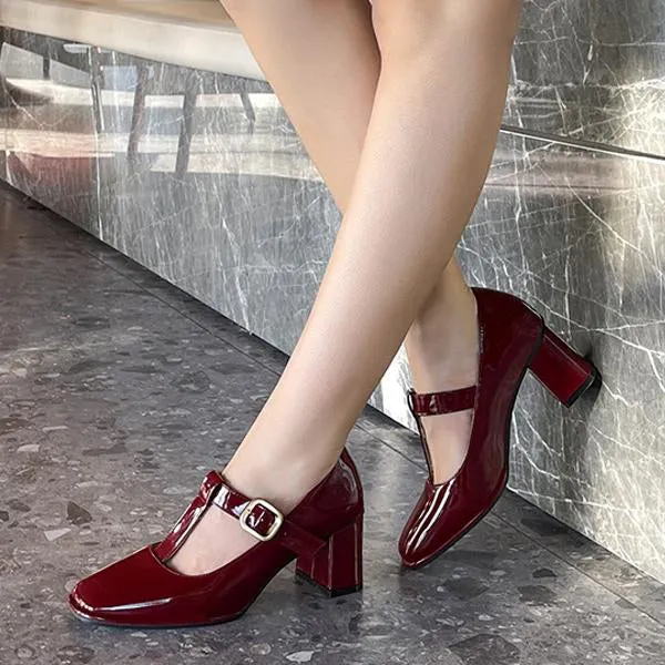 Women's T-Strap Retro Square Toe Block Heels Mary Jane 54018643S
