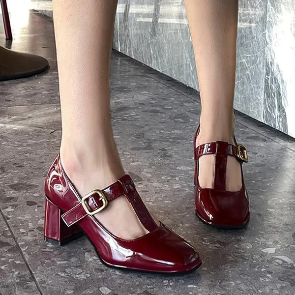 Women's T-Strap Retro Square Toe Block Heels Mary Jane 54018643S