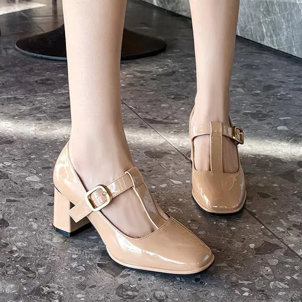 Women's T-Strap Retro Square Toe Block Heels Mary Jane 54018643S