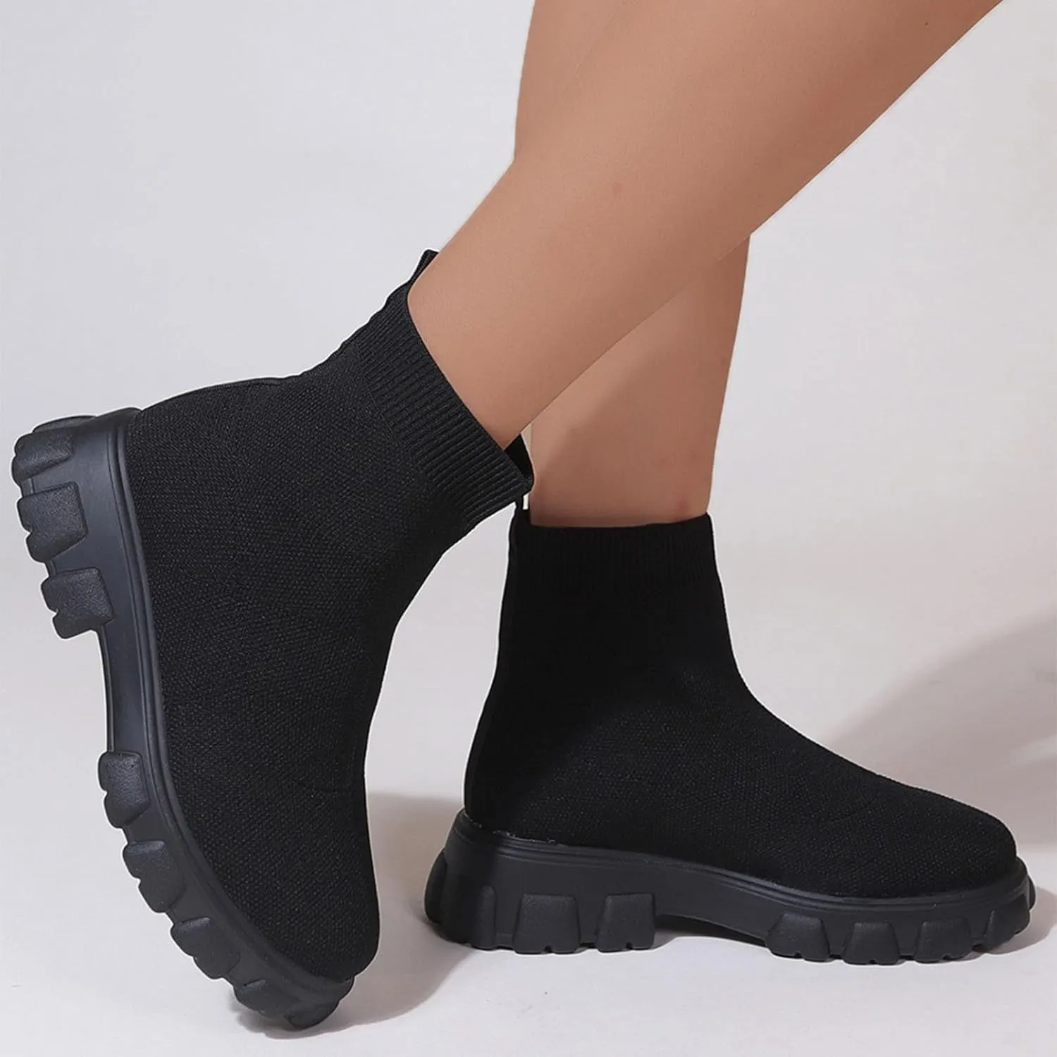 Women's Thick Bottom Boots Ankle Boots Thick Soles Round Toe Non Slip Solid Color Fly Woven Mesh Knit Flat