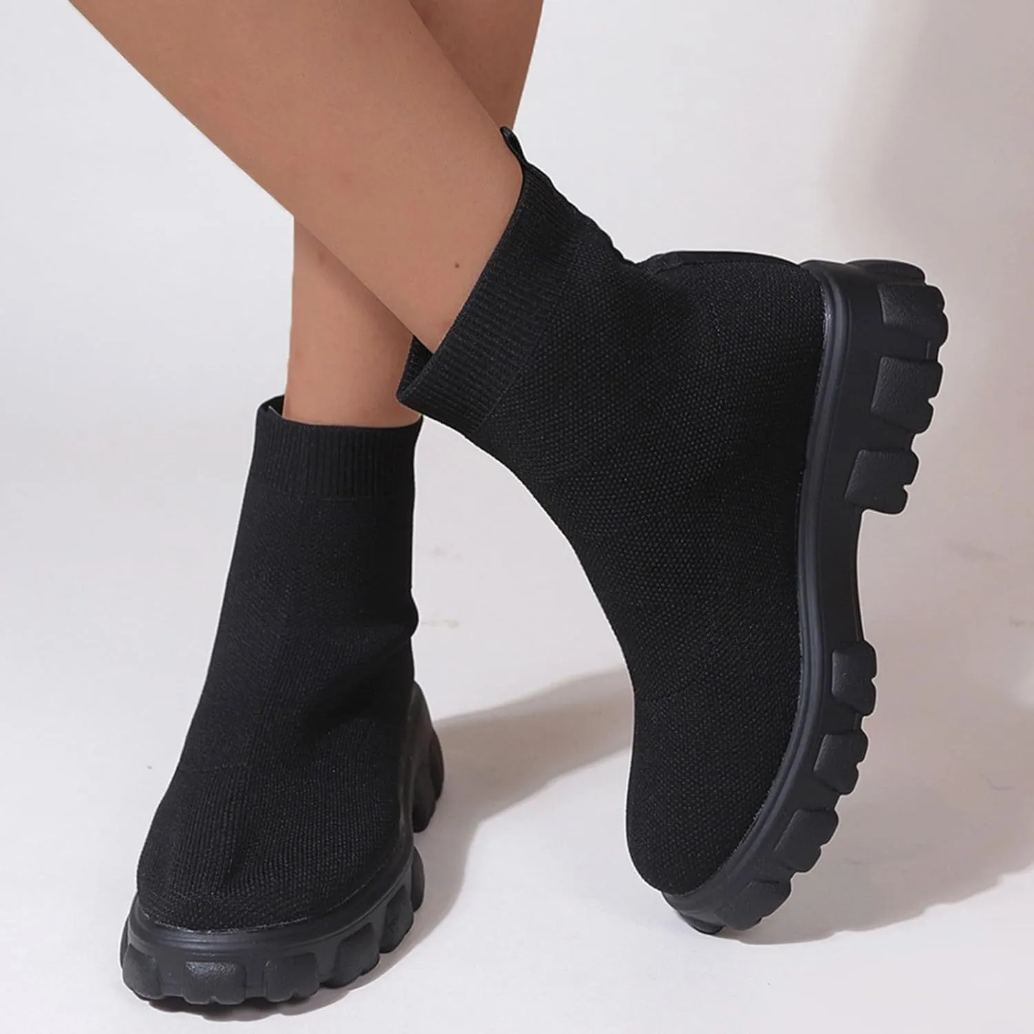 Women's Thick Bottom Boots Ankle Boots Thick Soles Round Toe Non Slip Solid Color Fly Woven Mesh Knit Flat