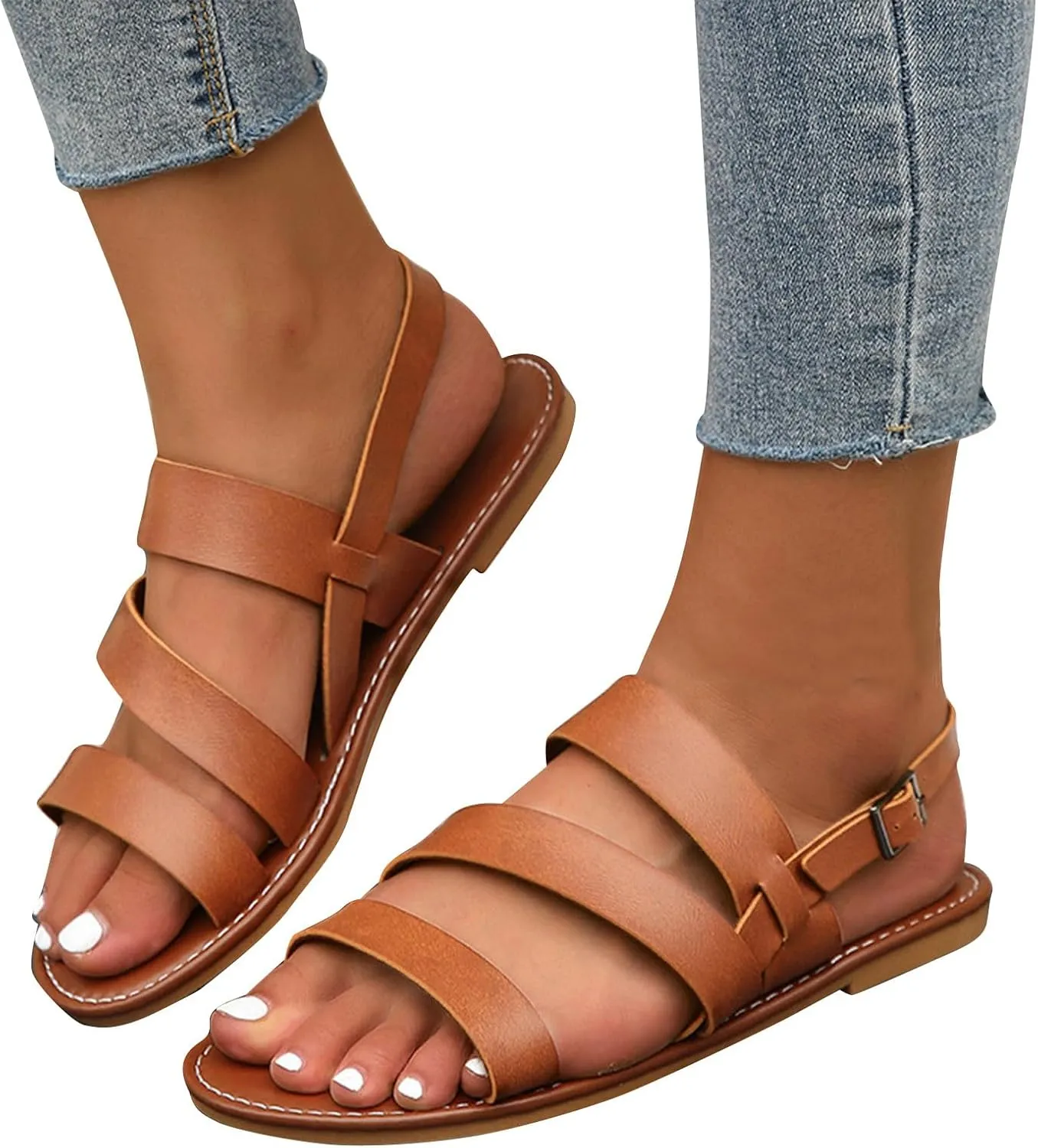 Women's Thick Strappy Casual Sandal Hook and Eye Summer Spring Flats Comfy Beach Vacation Shoe Solid Simple