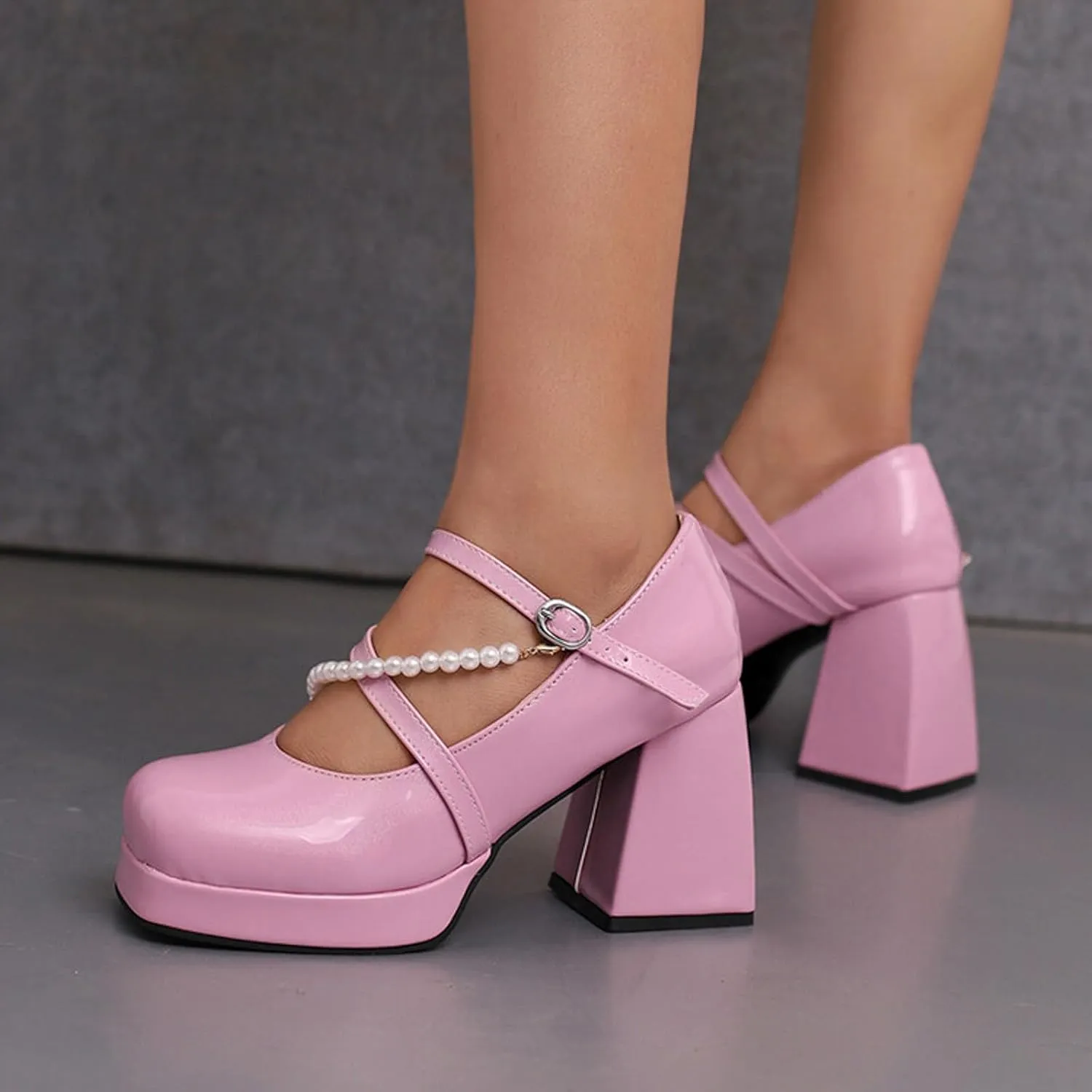 Women's Versatile Sandals Chunky Heeled Square Head Candy Color Sandals Beaded Big Yard Heels Stretch Strap Sandals