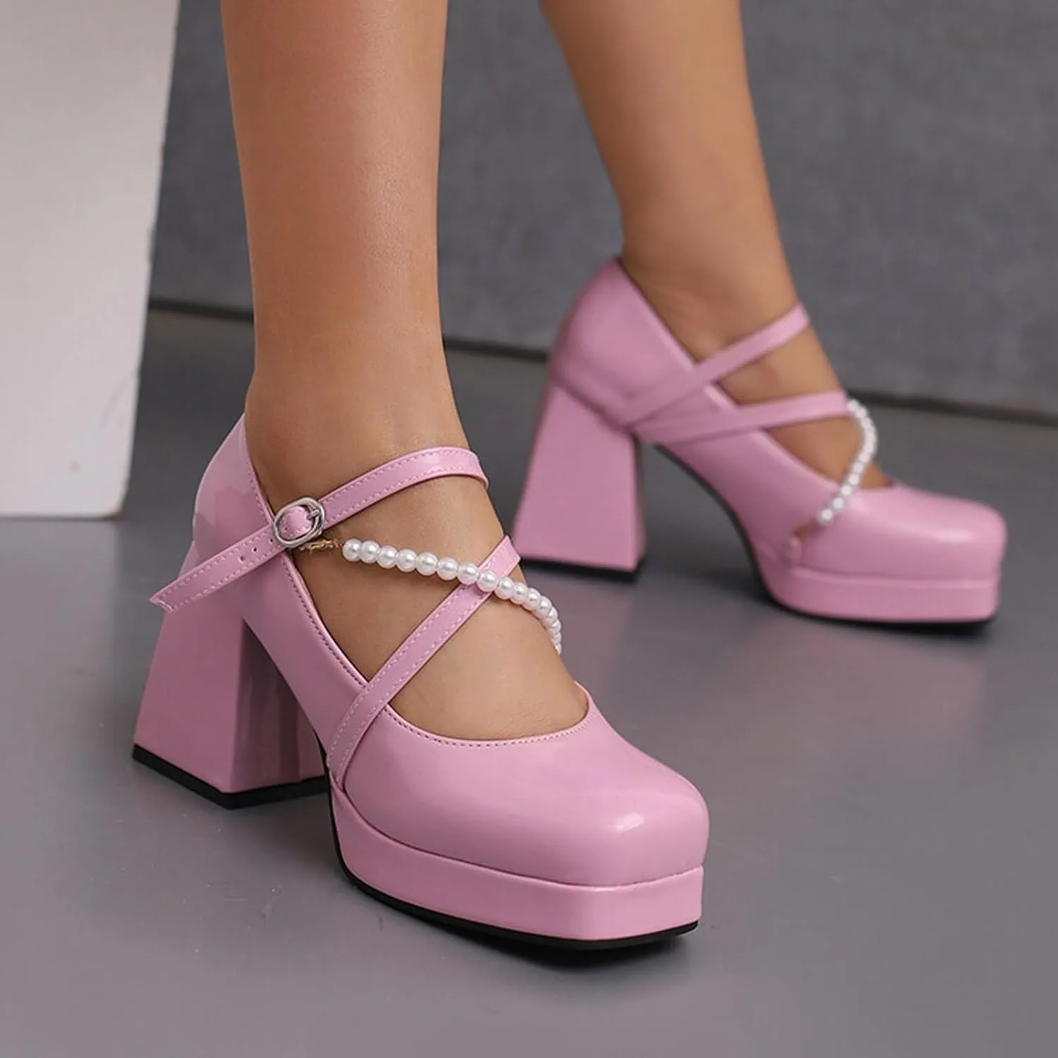 Women's Versatile Sandals Chunky Heeled Square Head Candy Color Sandals Beaded Big Yard Heels Stretch Strap Sandals