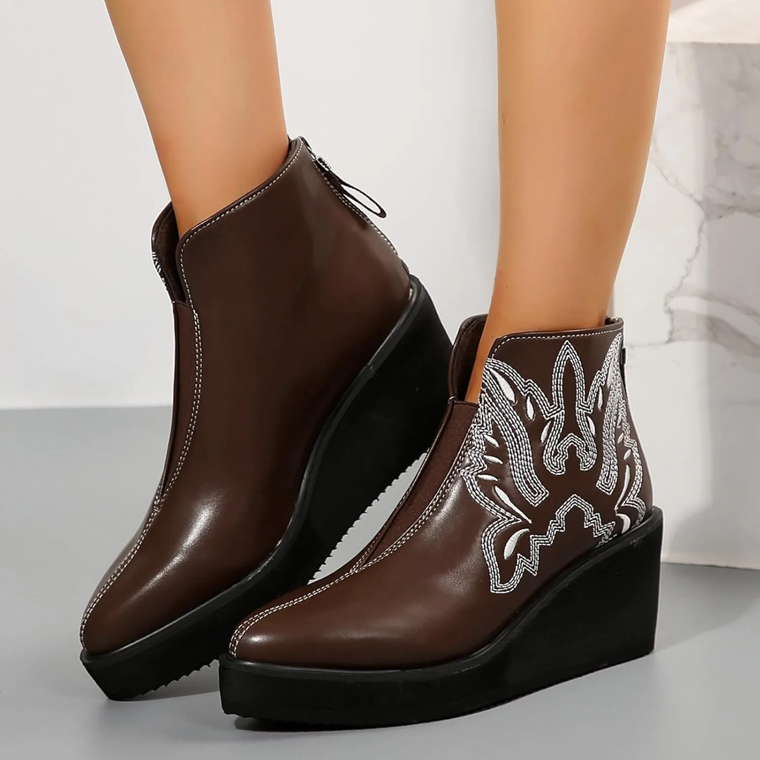 Women'S Wedge Boots Comfortable Walking Boots 2024 Fall Booties Embroidered Western Cowboy Boots Fashion Zipper Boots
