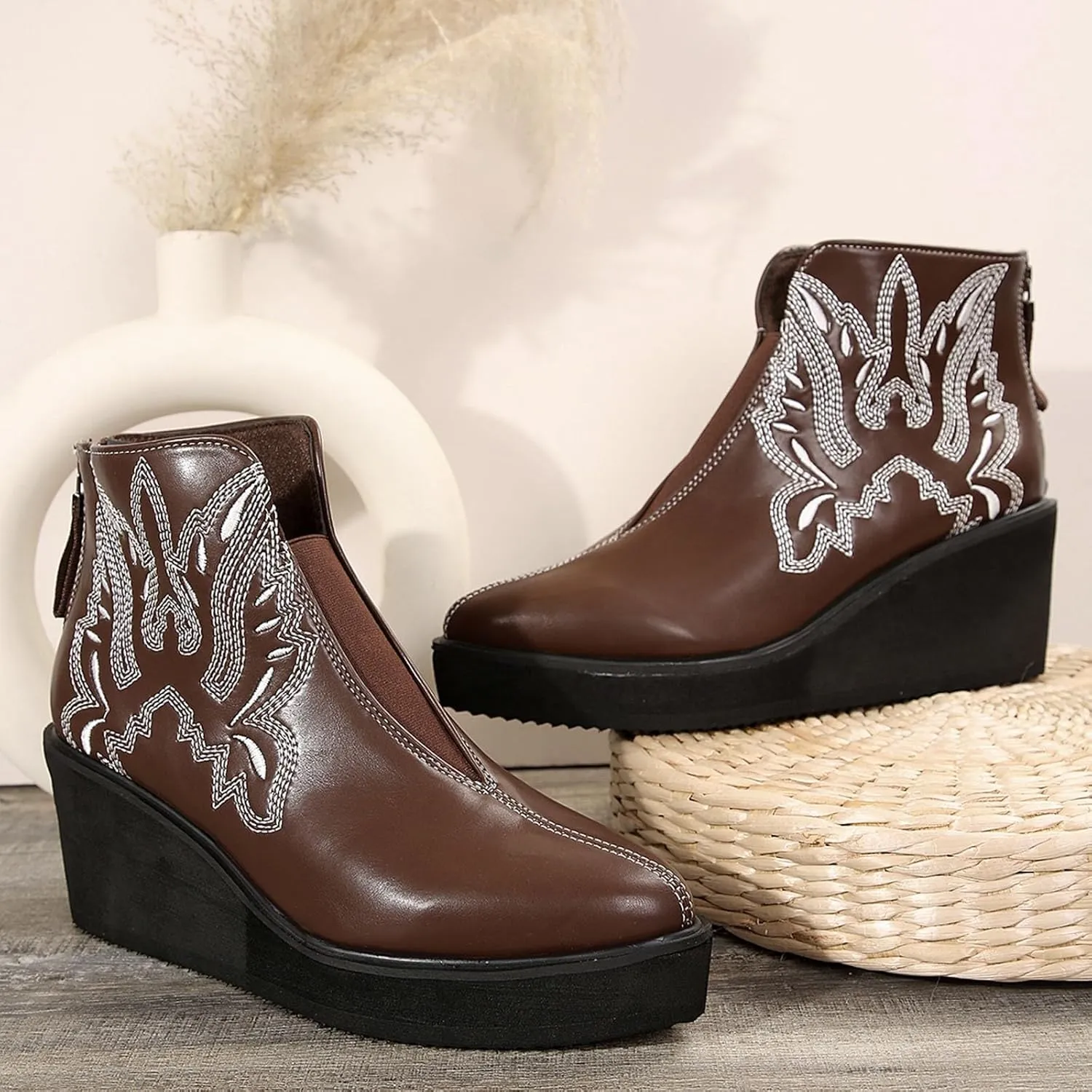 Women'S Wedge Boots Comfortable Walking Boots 2024 Fall Booties Embroidered Western Cowboy Boots Fashion Zipper Boots