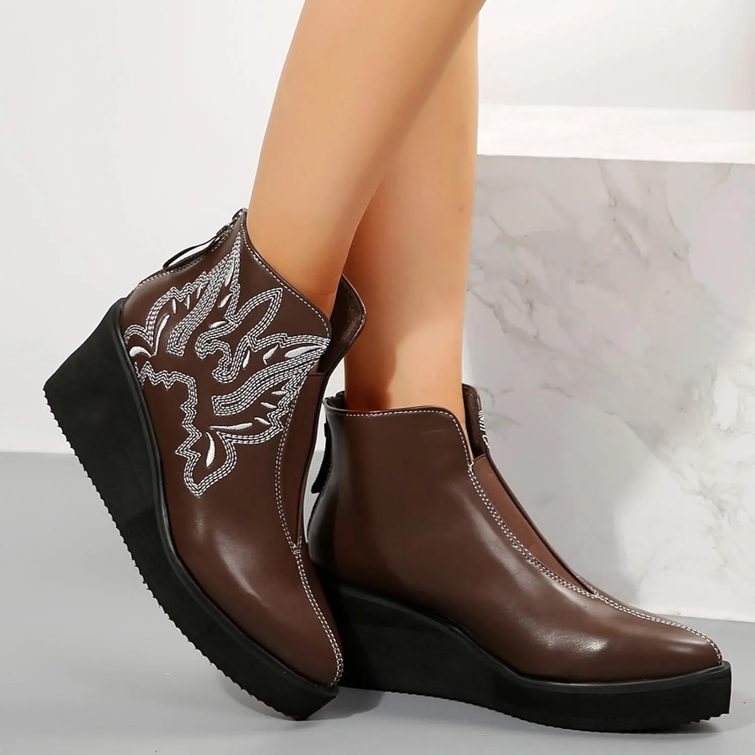 Women'S Wedge Boots Comfortable Walking Boots 2024 Fall Booties Embroidered Western Cowboy Boots Fashion Zipper Boots