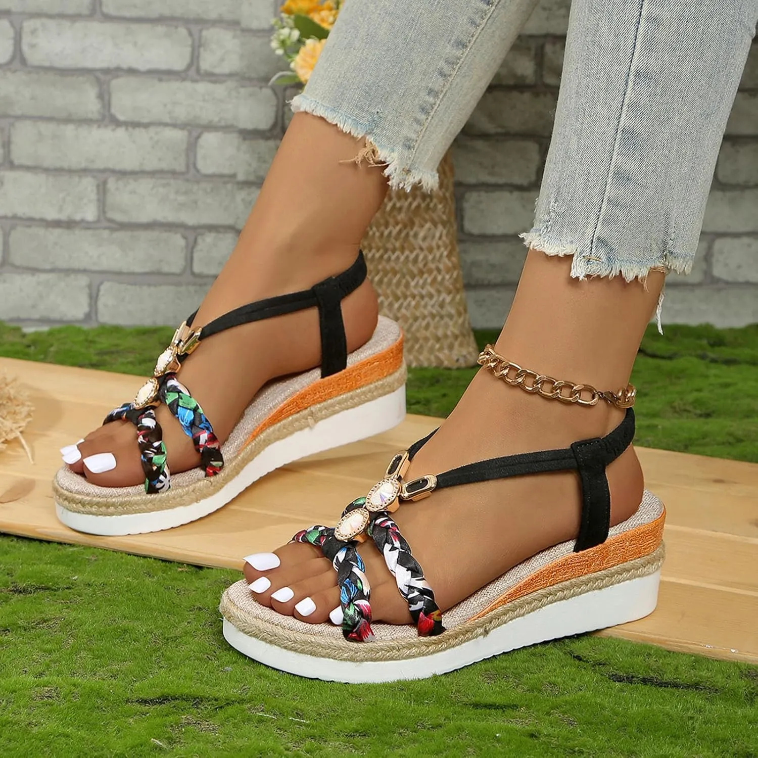 Women's Wedge Sandals Boho Ankle Strap Open Toe Comfort Dressy Summer Shoes Flatform Espadrilles