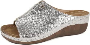 Womens Wedge Sandals Dressy Summer Casual Slip On Walking Shoes Sole Comfortable Low Heels Slides Orthopedic Arch Support Crocodile Pattern Sandal Open Toe Non-Slip Spring Beach Shoe