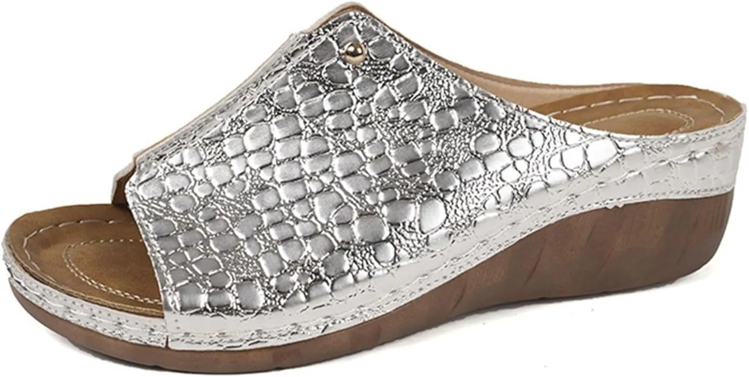 Womens Wedge Sandals Dressy Summer Casual Slip On Walking Shoes Sole Comfortable Low Heels Slides Orthopedic Arch Support Crocodile Pattern Sandal Open Toe Non-Slip Spring Beach Shoe