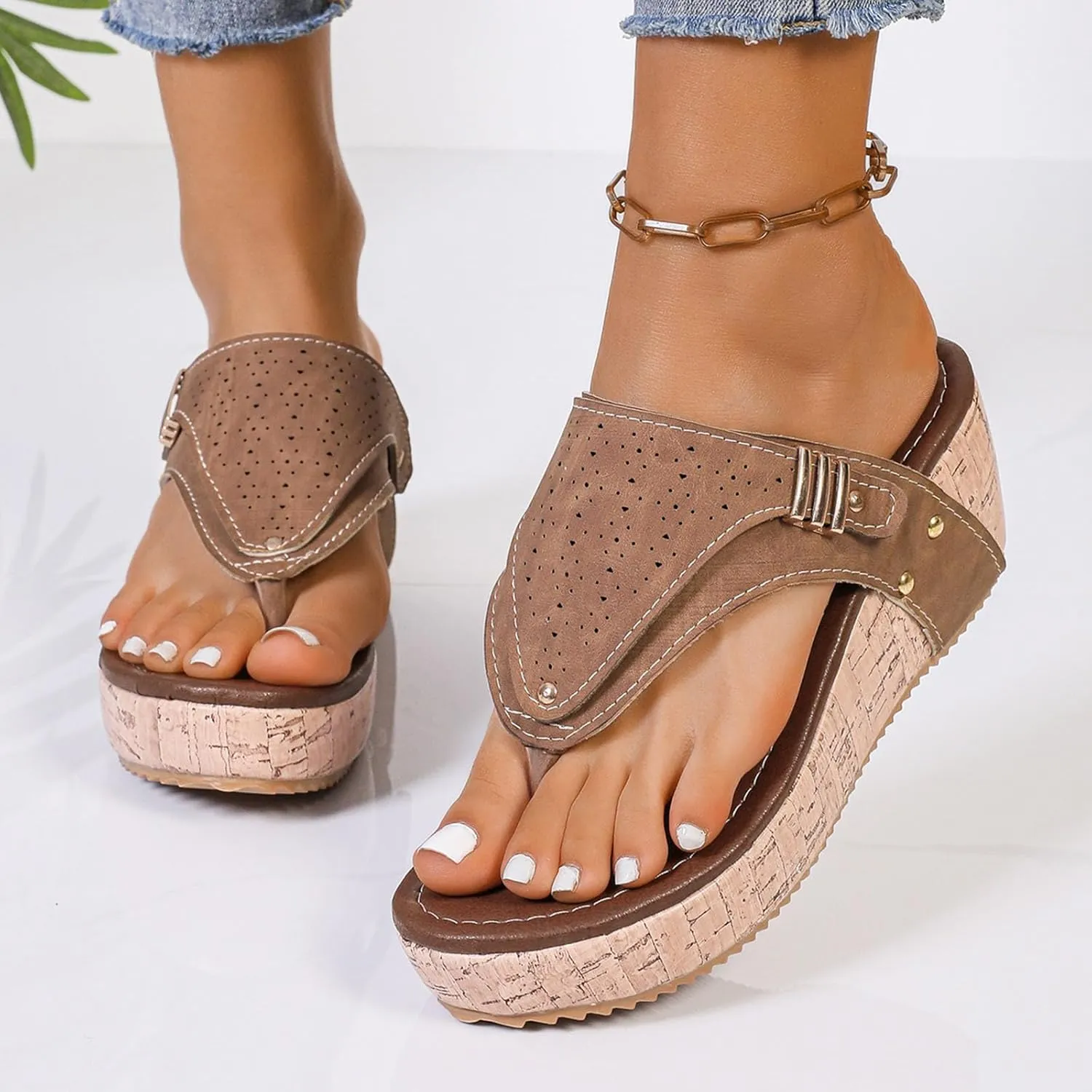 Womens Wedge Sandals Flip Flops Arch Support Orthotic Thong Sandal Comfort Cork Platform Summer Casual Beach Slides
