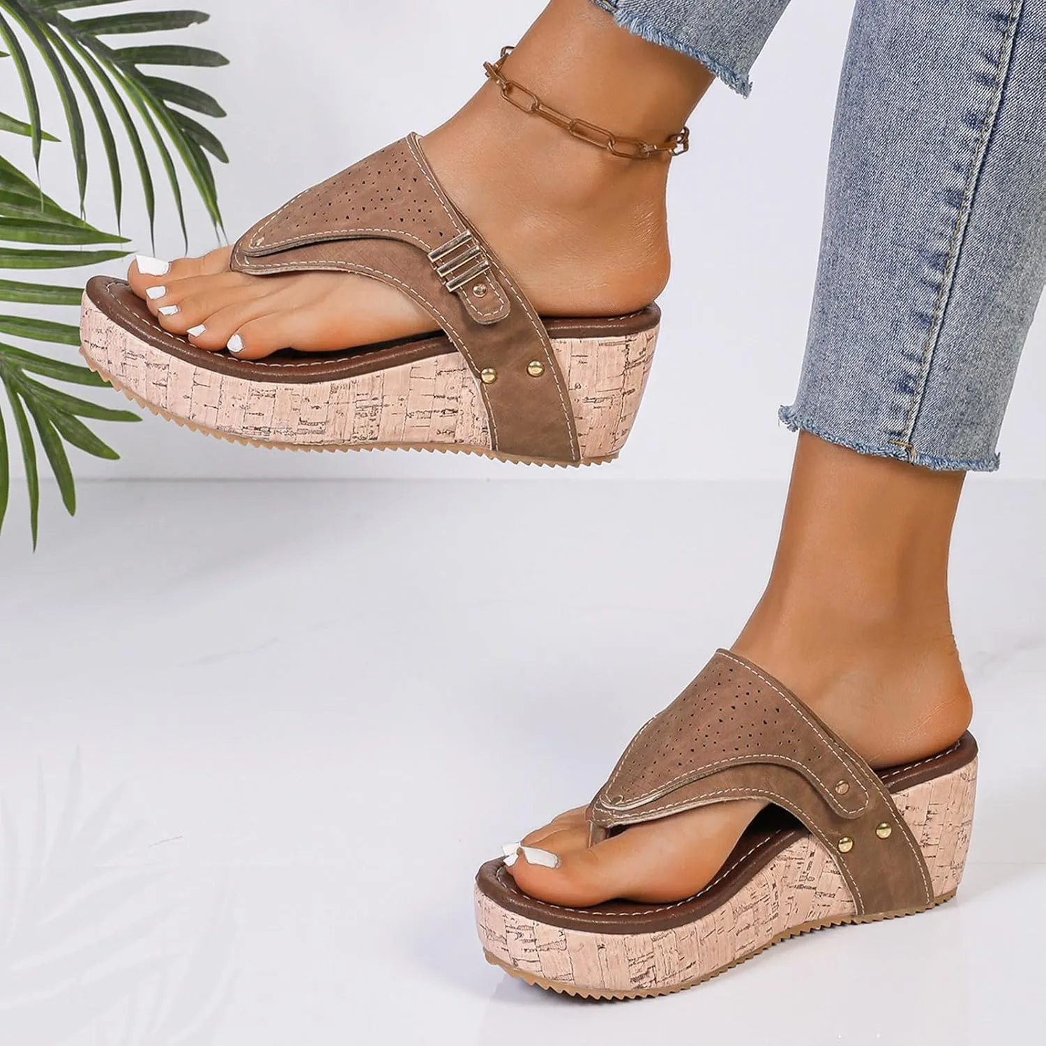 Womens Wedge Sandals Flip Flops Arch Support Orthotic Thong Sandal Comfort Cork Platform Summer Casual Beach Slides