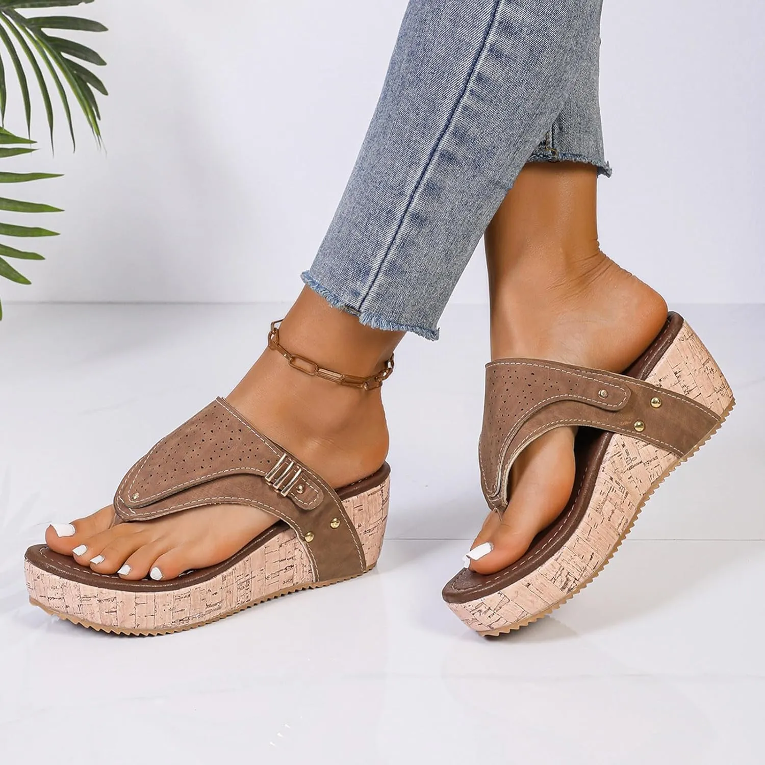 Womens Wedge Sandals Flip Flops Arch Support Orthotic Thong Sandal Comfort Cork Platform Summer Casual Beach Slides