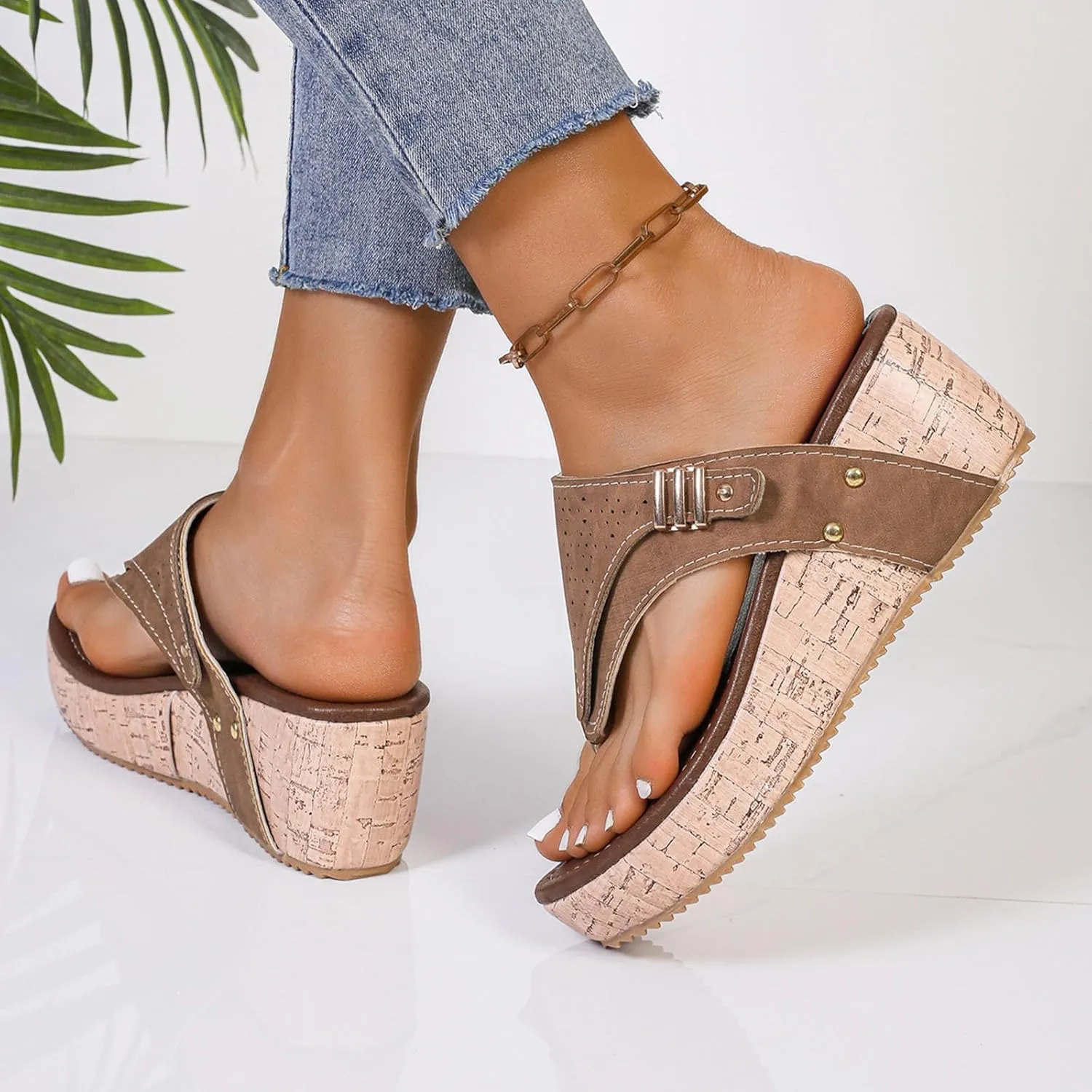Womens Wedge Sandals Flip Flops Arch Support Orthotic Thong Sandal Comfort Cork Platform Summer Casual Beach Slides