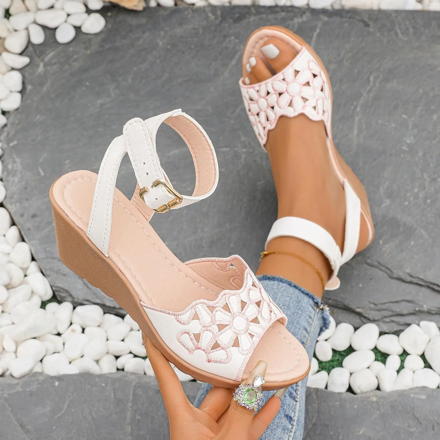Womens Wedge Sandals Summer Beach Hollow Out Flower Platform Shoes Fashion Peep Toe Buckle Ankle Strap Dressy Sandal