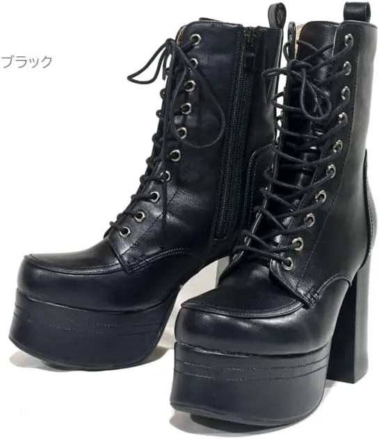 Yosuke Lace-up Boots, Combat Boots, Thick Sole Boots, Lace-up, Chunky Heels, Middle Boots, Women's, Women's, 2600822 2810124