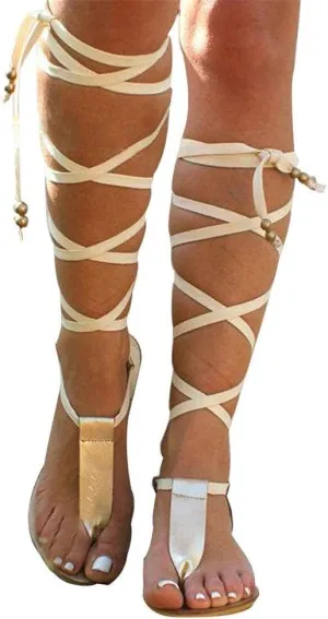 ZBYY Women Gladiator Beach Sandals T-Strap Flat Strappy Knee High Crisscross Shoes Open Toe Summer Flip Flops Sandals
