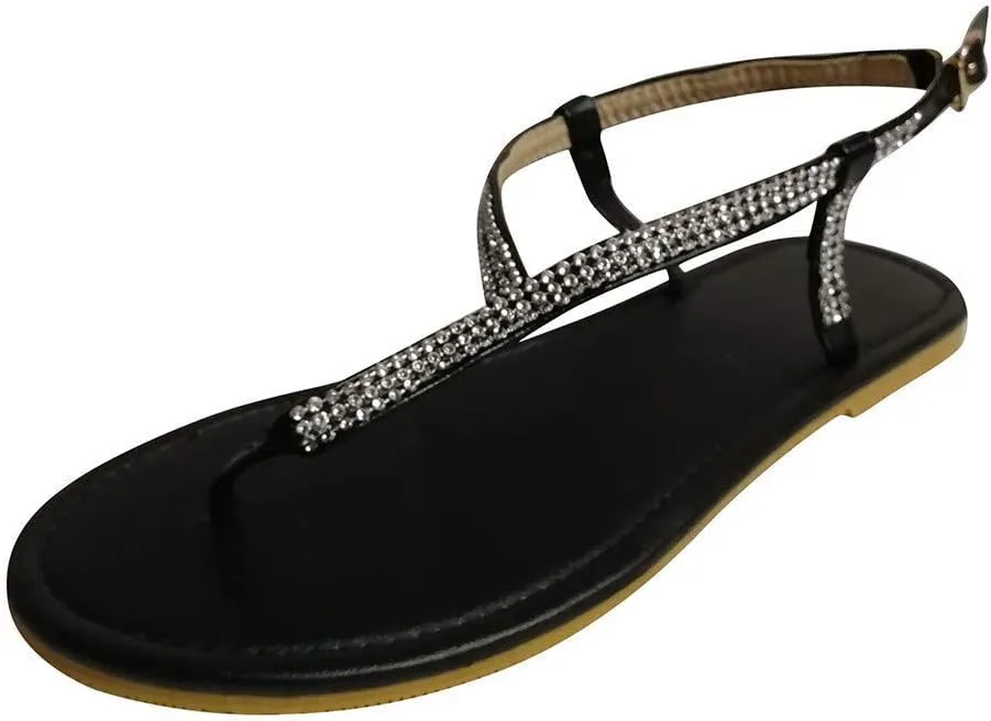 ZBYY Women's Flat Sandals, Summer Rhinestone Thong Sandal Ladies T-Strap Flats Beach Wedding Sandal for Women