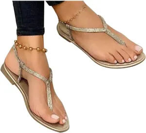 ZBYY Women's Flat Sandals, Summer Rhinestone Thong Sandal Ladies T-Strap Flats Beach Wedding Sandal for Women
