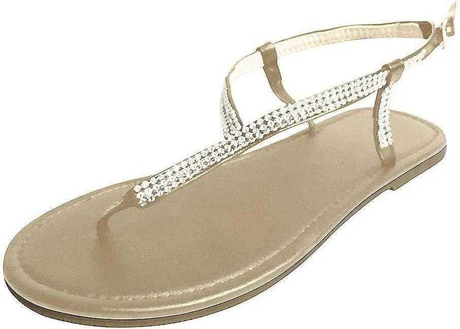 ZBYY Women's Flat Sandals, Summer Rhinestone Thong Sandal Ladies T-Strap Flats Beach Wedding Sandal for Women