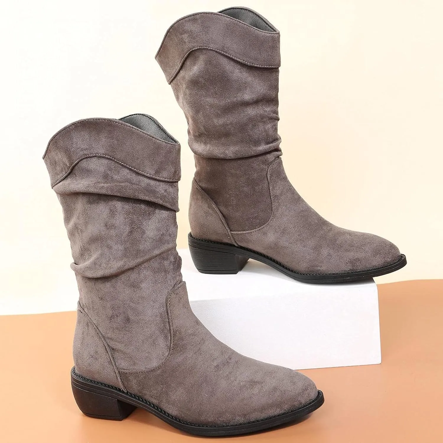 ZBYY Women's Mid Calf Winter Boots Fashion Low Heel Calf Boots Slouch Weather Boots Classic Round Toe Ankle Booties