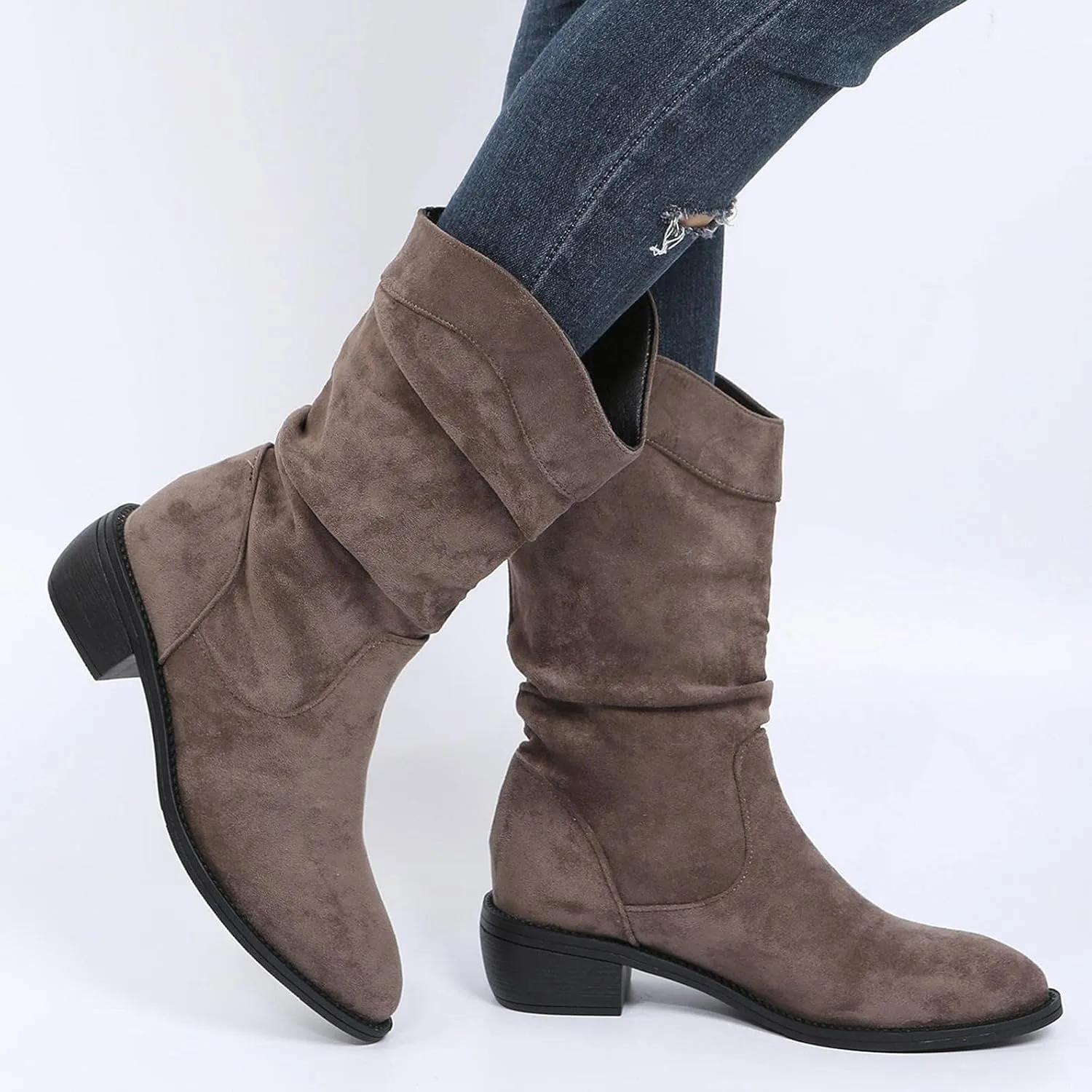 ZBYY Women's Mid Calf Winter Boots Fashion Low Heel Calf Boots Slouch Weather Boots Classic Round Toe Ankle Booties