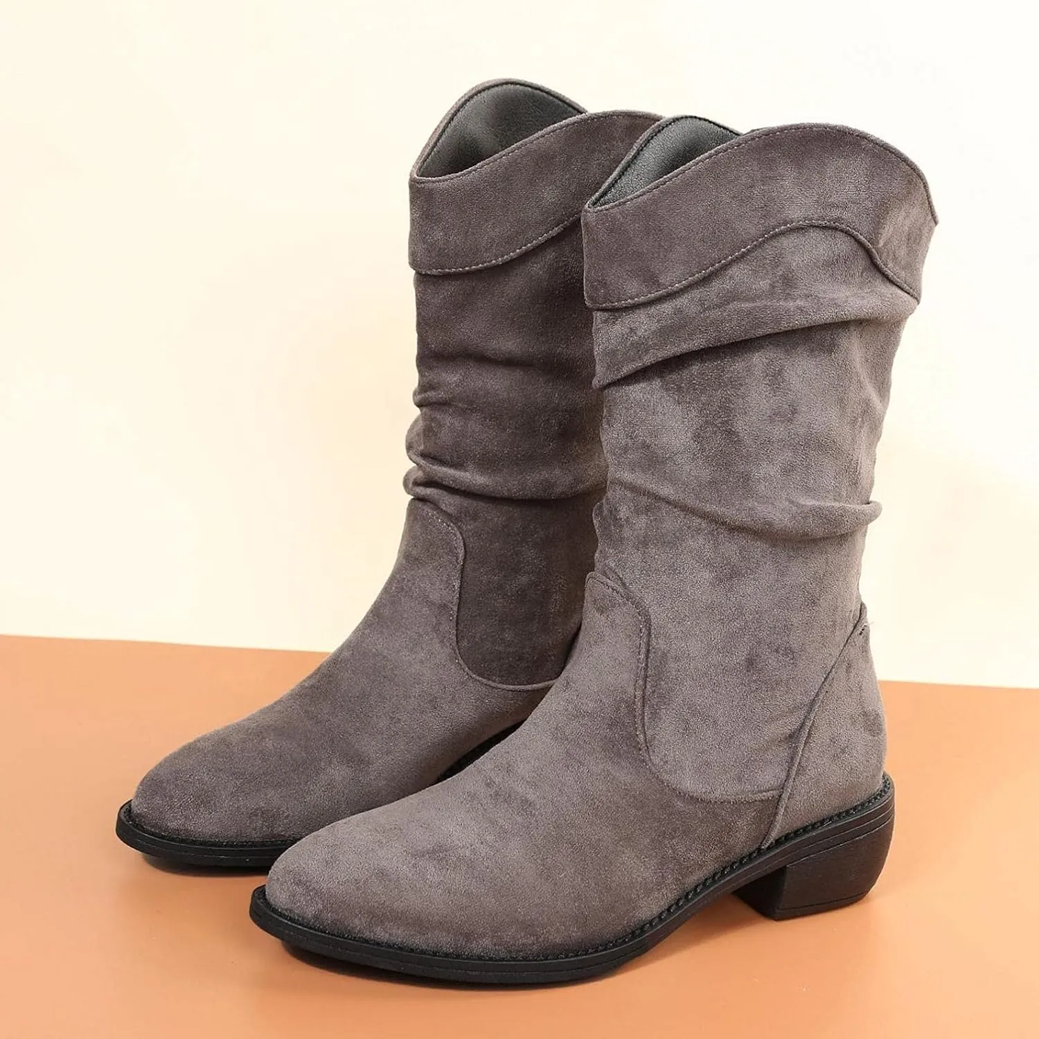 ZBYY Women's Mid Calf Winter Boots Fashion Low Heel Calf Boots Slouch Weather Boots Classic Round Toe Ankle Booties