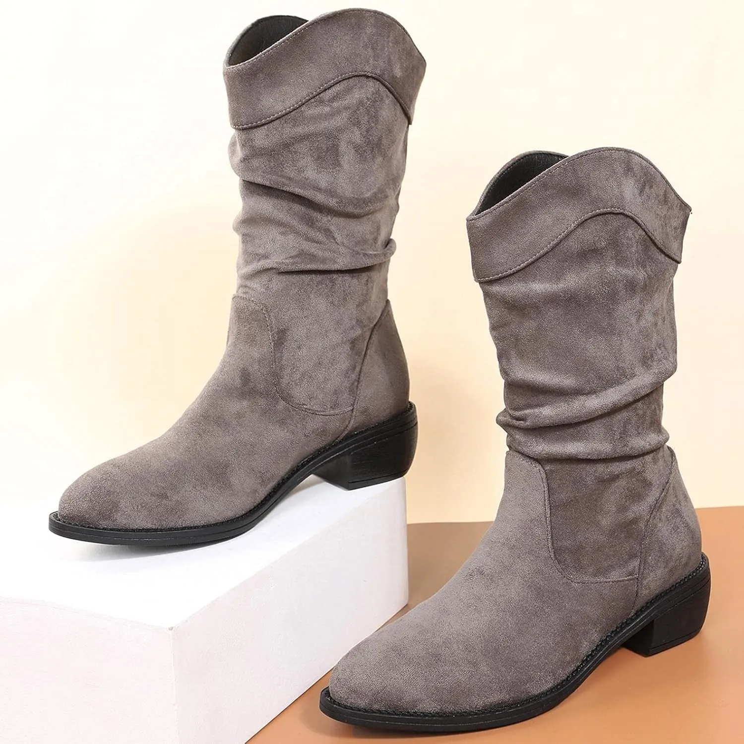 ZBYY Women's Mid Calf Winter Boots Fashion Low Heel Calf Boots Slouch Weather Boots Classic Round Toe Ankle Booties