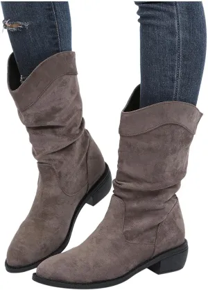 ZBYY Women's Mid Calf Winter Boots Fashion Low Heel Calf Boots Slouch Weather Boots Classic Round Toe Ankle Booties