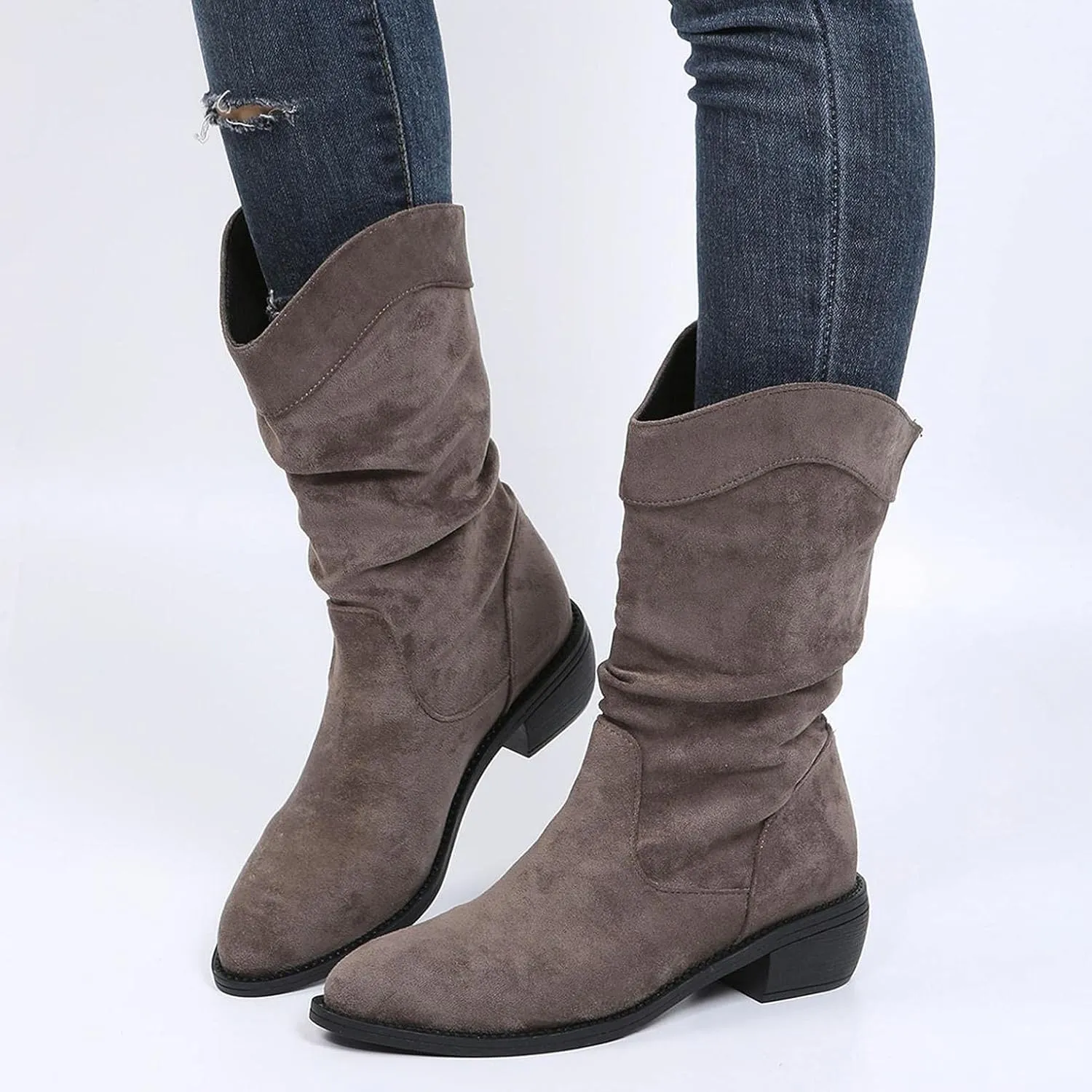 ZBYY Women's Mid Calf Winter Boots Fashion Low Heel Calf Boots Slouch Weather Boots Classic Round Toe Ankle Booties
