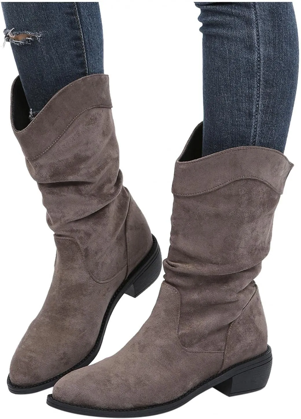 ZBYY Women's Mid Calf Winter Boots Fashion Low Heel Calf Boots Slouch Weather Boots Classic Round Toe Ankle Booties